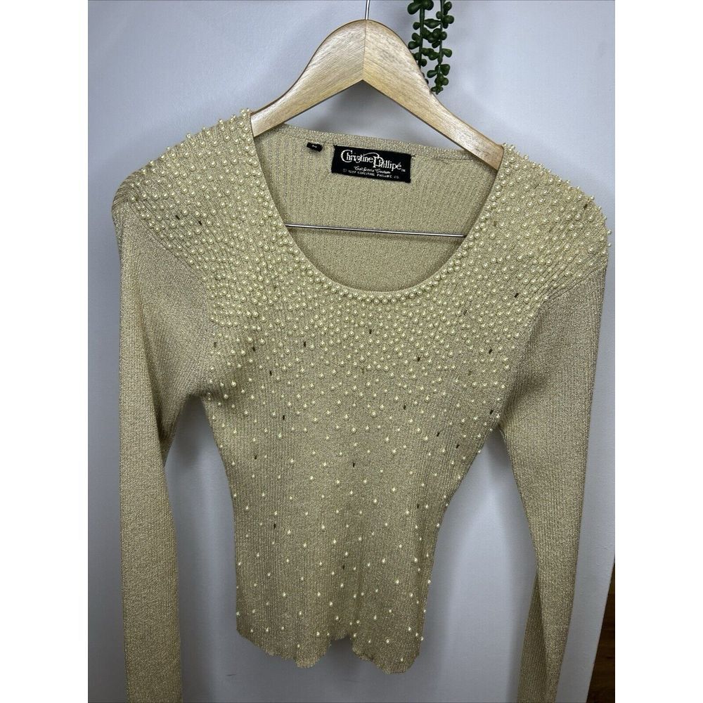 Vintage Christine Phillipe Gold Metallic, Pearls, Knit Sweater Womens Size‎ M